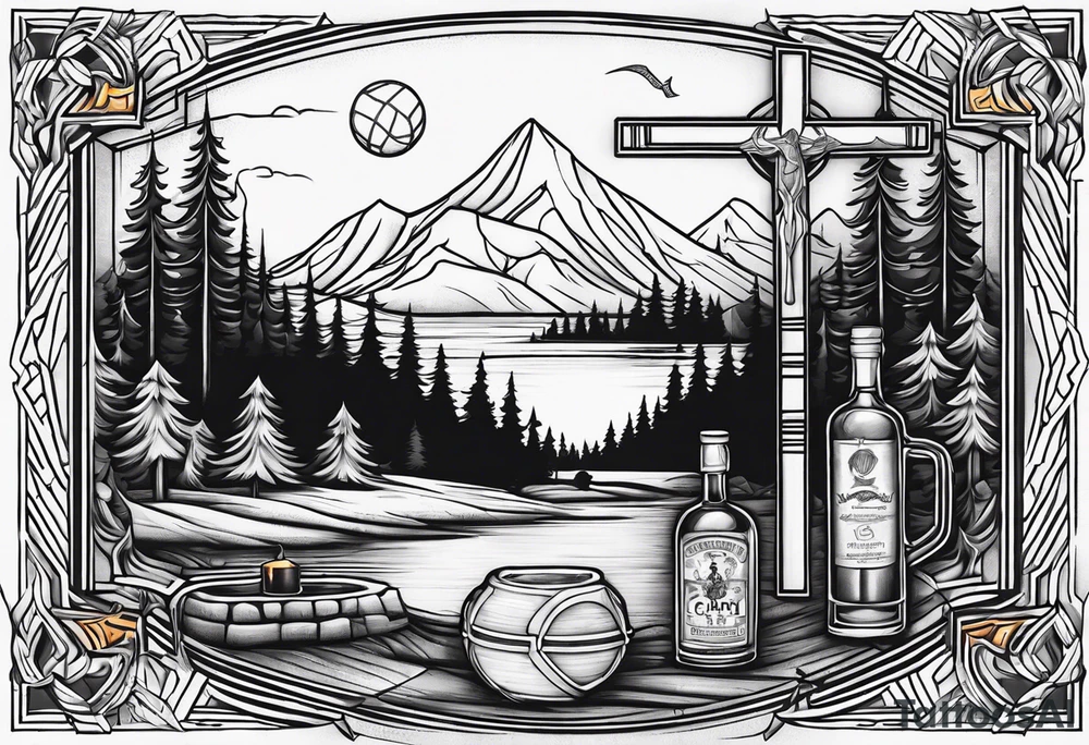 cross with whiskey glass, golf club, camp fire and cabin in the quandrants tattoo idea