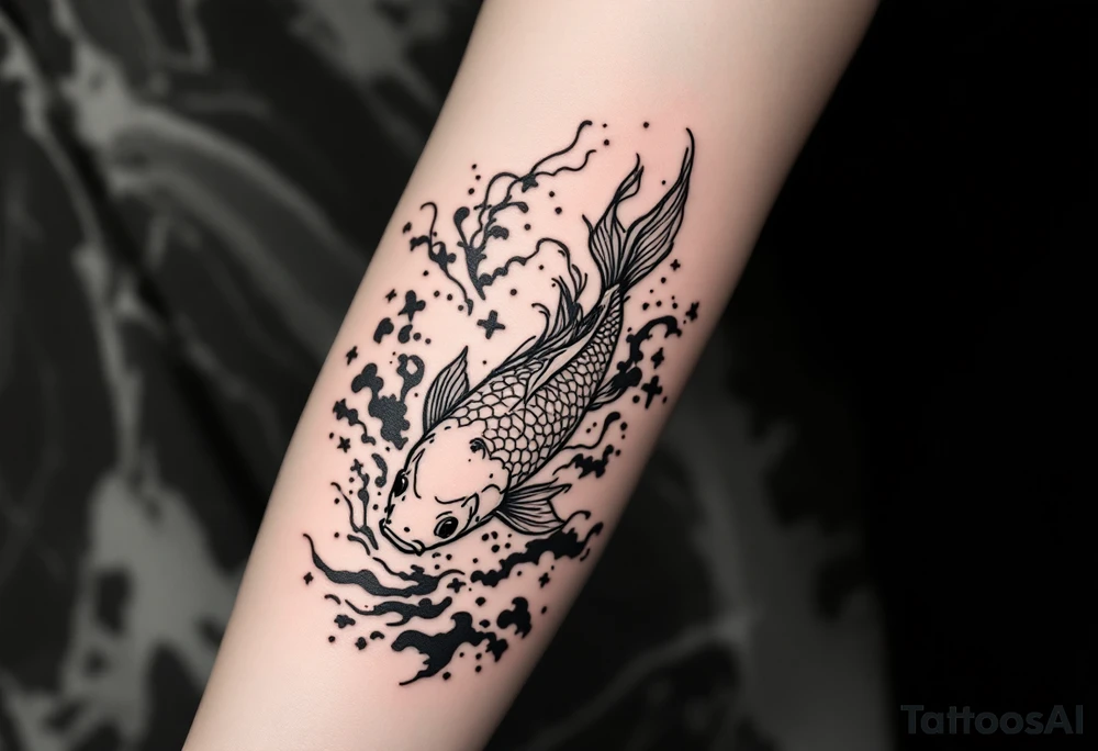 traditional koi fish swimming upstream through turbulent waves tattoo idea