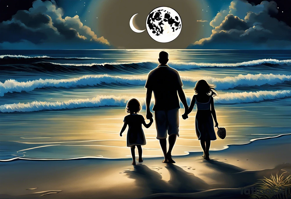 Create a stunning image of a realistic tattoo design that features a husband and wife holding hands, accompanied by their two children, walking along a beautiful beach. The moon shines radiantly in the night sky, illuminating the serene scene. Let your creativity flourish as you envision the intricate details that bring this tattoo to life, encapsulating the essence of love, family, and the awe-inspiring beauty of nature. tattoo idea