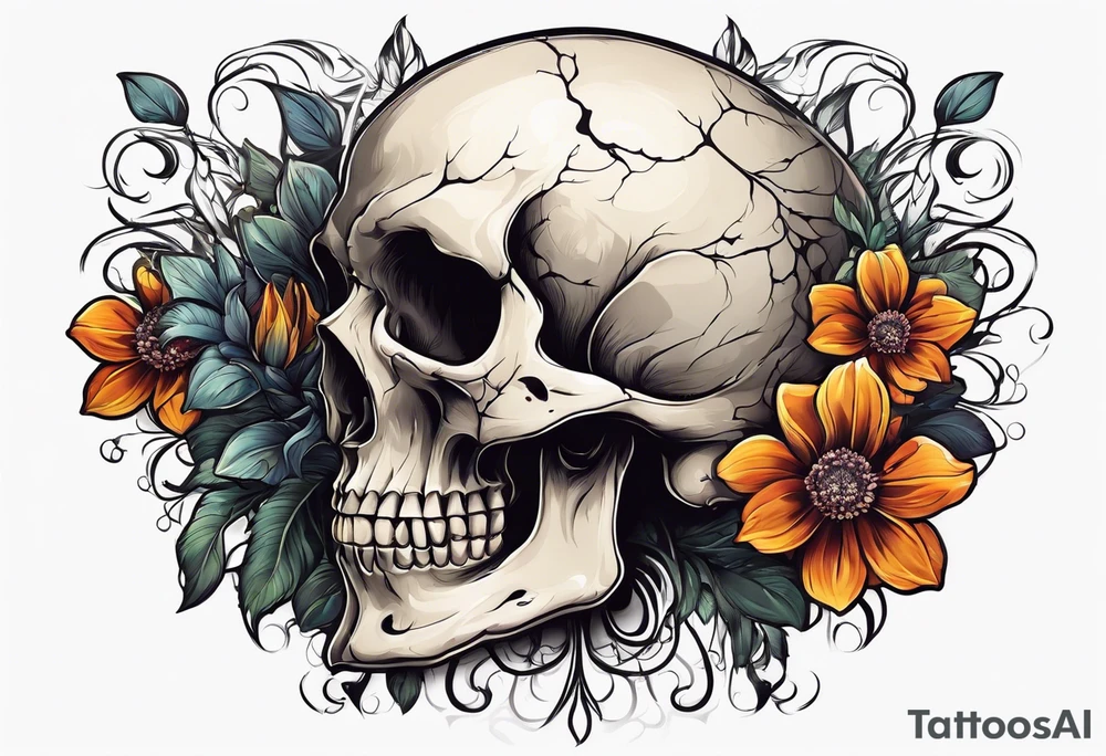 skull with one flower growing out of its head tattoo idea