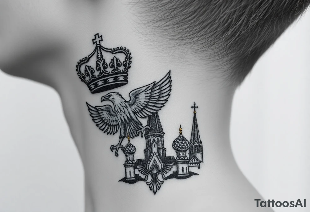 St. George 
3 russian imperial crowns above the Russian coat of arms double eagle
Russian sabre
The Kremlin or St. Basil's Cathedral scene 
on the side of my neck tattoo idea