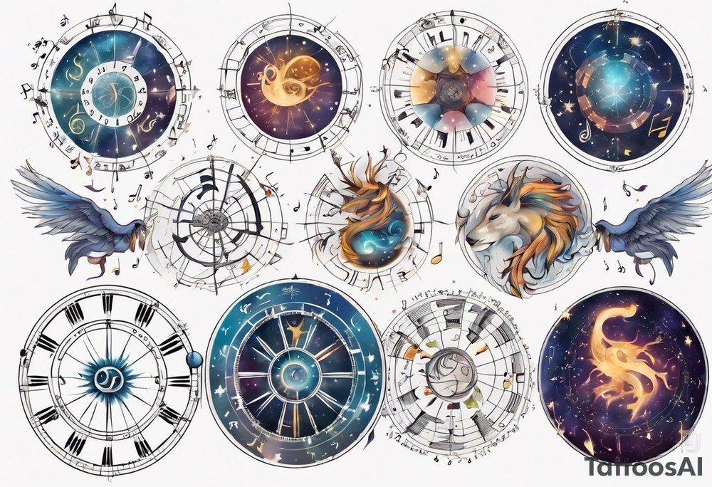 A zodiac wheel with music notes instead of astrology signs tattoo idea