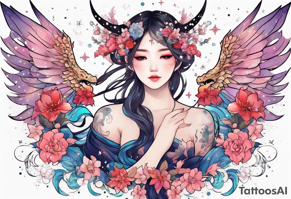Constellation, wing , snow , cross , dragon female japan kawaii , flower tattoo idea