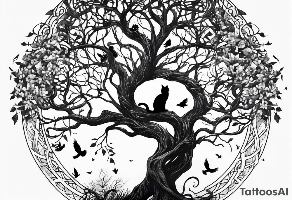 world tree with a cat and a raven and knotwork arm tattoo tattoo idea