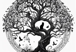 world tree with a cat and a raven and knotwork arm tattoo tattoo idea