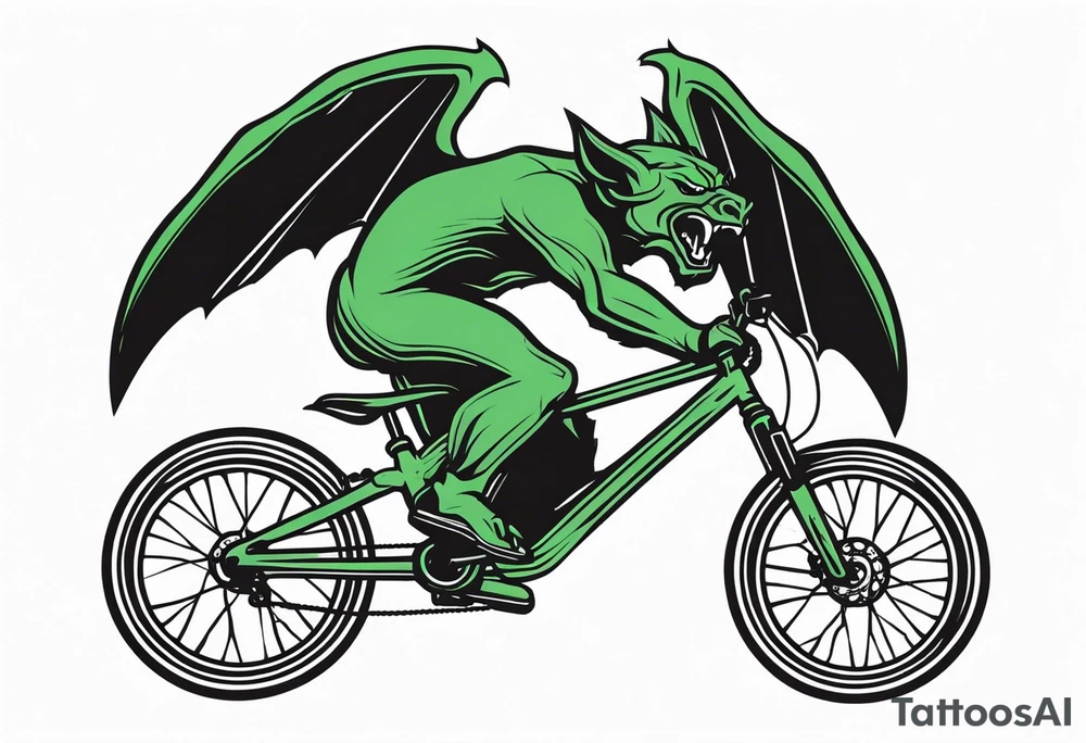 gargoyle riding a full suspension green mountain bike with a shadow no background with wings tattoo idea