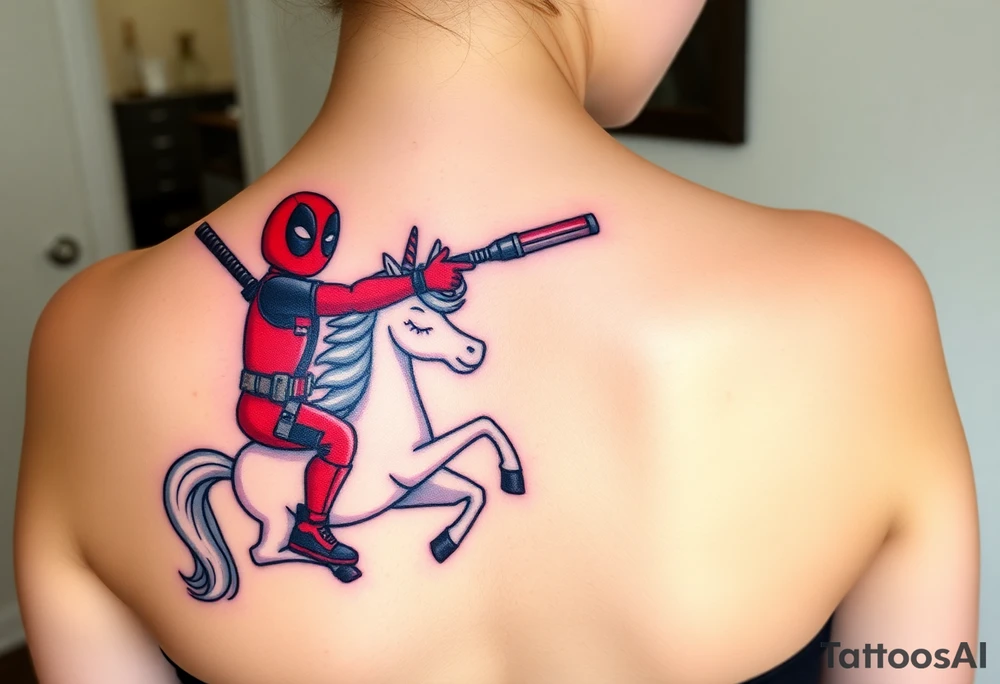 Deadpool riding unicorn pointing rocket propelled grenade launcher tattoo idea