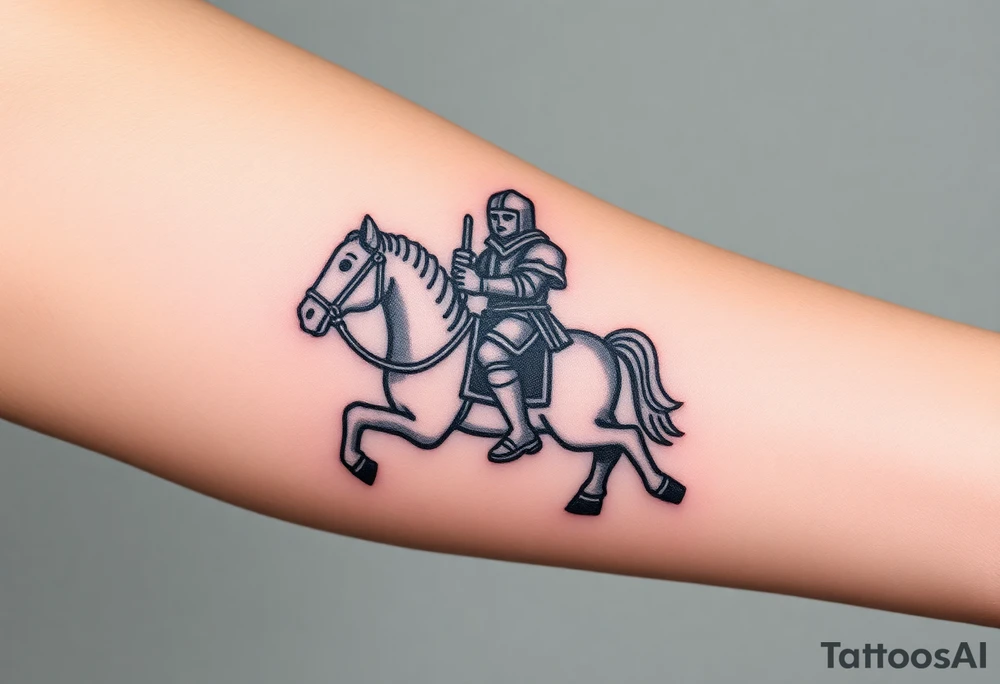 2d medieval woodcut knight on a childs hobby horse toy tattoo idea