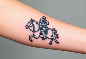 2d medieval woodcut knight on a childs hobby horse toy tattoo idea