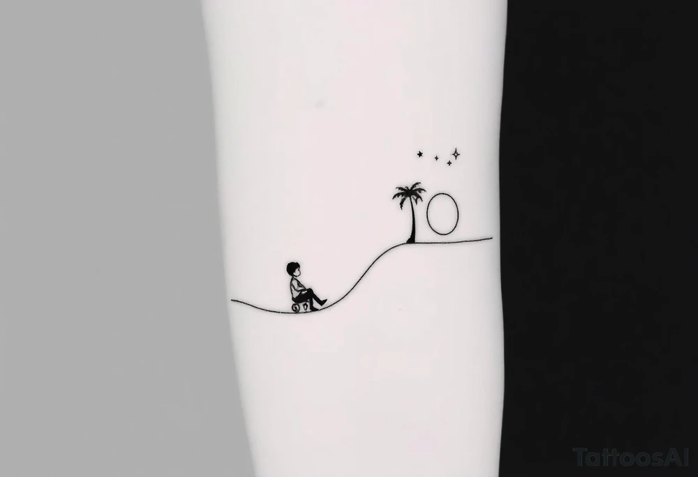 Create a minimalist tattoo design that wraps around the upper right arm, just below the armpit and above an existing blackwork sleeve.

Design Flow:

The tattoo is connected by a thin, continuous line that wraps around the arm.

On the outer/front arm, place a small, minimal walking figure on the line, moving forward. The line should have a gentle wave under his steps to create movement.

The line continues to the inner arm, where a boy is sitting on the line (with his back to the viewer, legs dangling below the line).

To the right of the boy, place a slightly leaning palm tree growing from the line.

Behind or beside the tree, include a minimal sun, low on the horizon (simple circle or half-sun).

In the space above, softly scatter minimalist stars, mostly dots, with 2–3 sparkles or tiny diamond shapes.

Style Notes:

Keep everything in fine line / minimalist style, no heavy shading

Design should feel light, dreamy, and reflective — symbolizing balance between stillness and motion

Line should echo the flow of the existing tribal/blackwork arm band below, but not mimic or clash with it

The boy should sit directly under the palm and with the back to the viewer and the feet hanging from the line tattoo idea