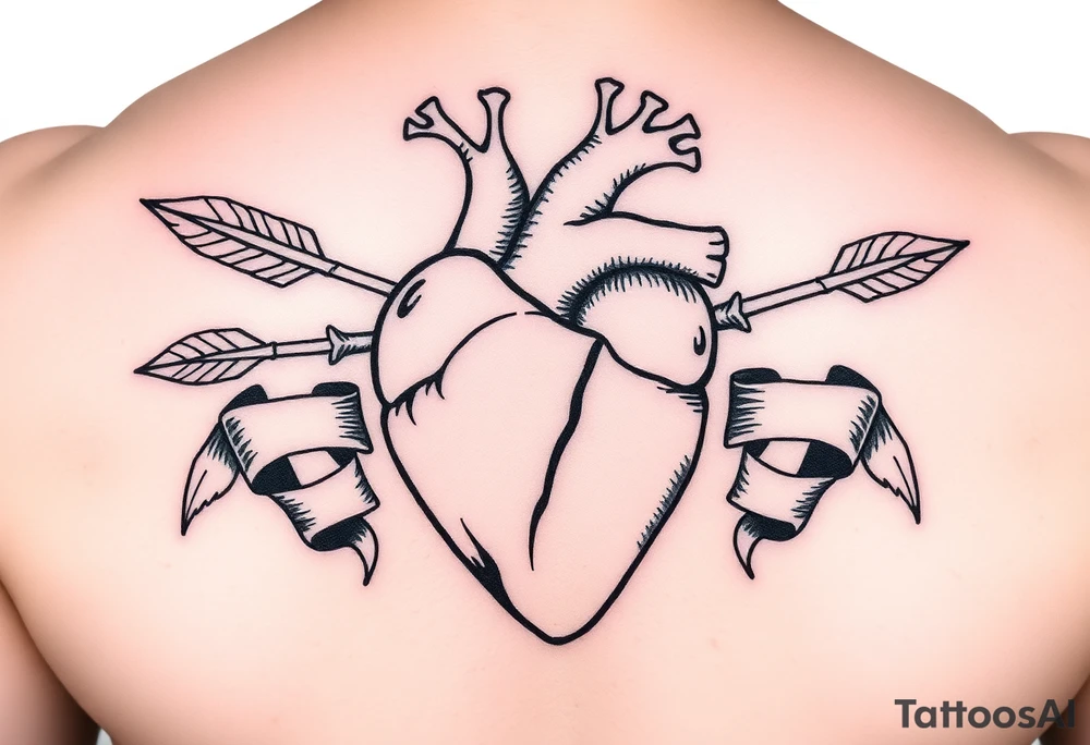 anatomical heart pierced by ornate arrow with flowing ribbons tattoo idea