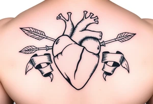 anatomical heart pierced by ornate arrow with flowing ribbons tattoo idea