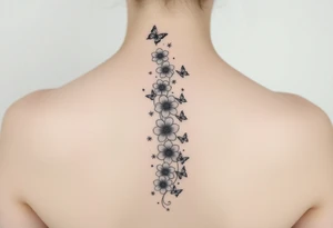 Flowers vertically down the spine surrounded by small butterflies and sparkles

Less flowers tattoo idea