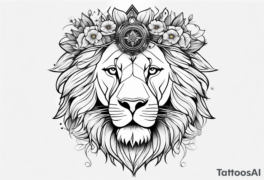 Sleeve tattoo lions head, compass, topete, daisy flower tattoo idea