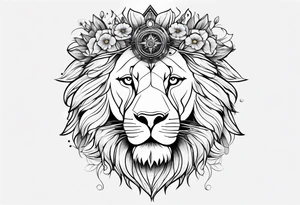 Sleeve tattoo lions head, compass, topete, daisy flower tattoo idea