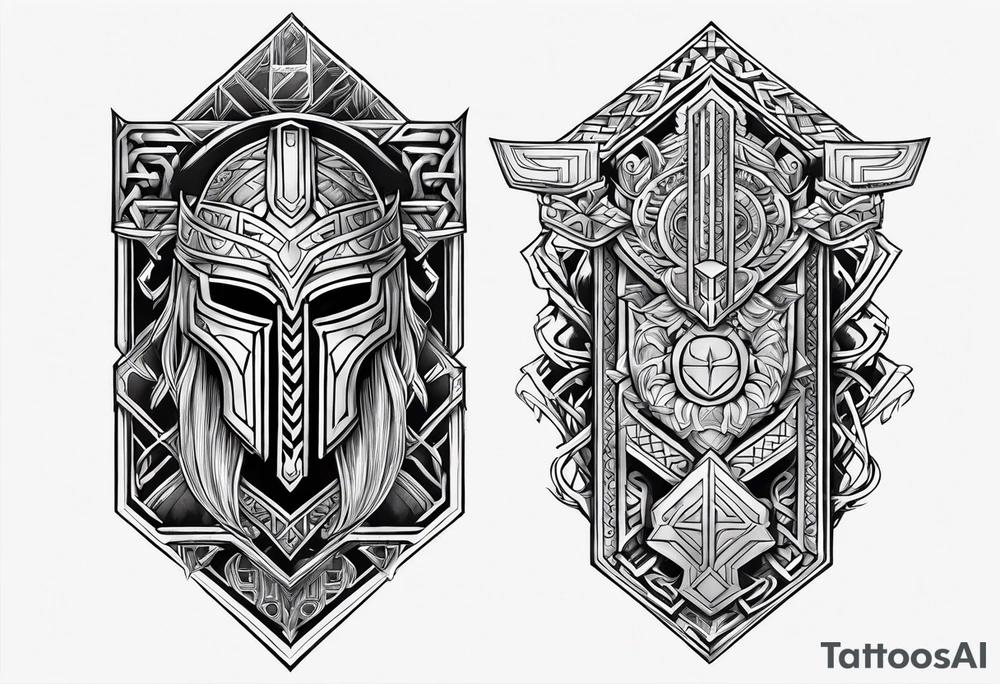 Full arm tattoo with a motif of Thor's armor, Norse runes, Norse symbols and Mjolnir tattoo idea