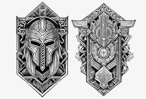 Full arm tattoo with a motif of Thor's armor, Norse runes, Norse symbols and Mjolnir tattoo idea