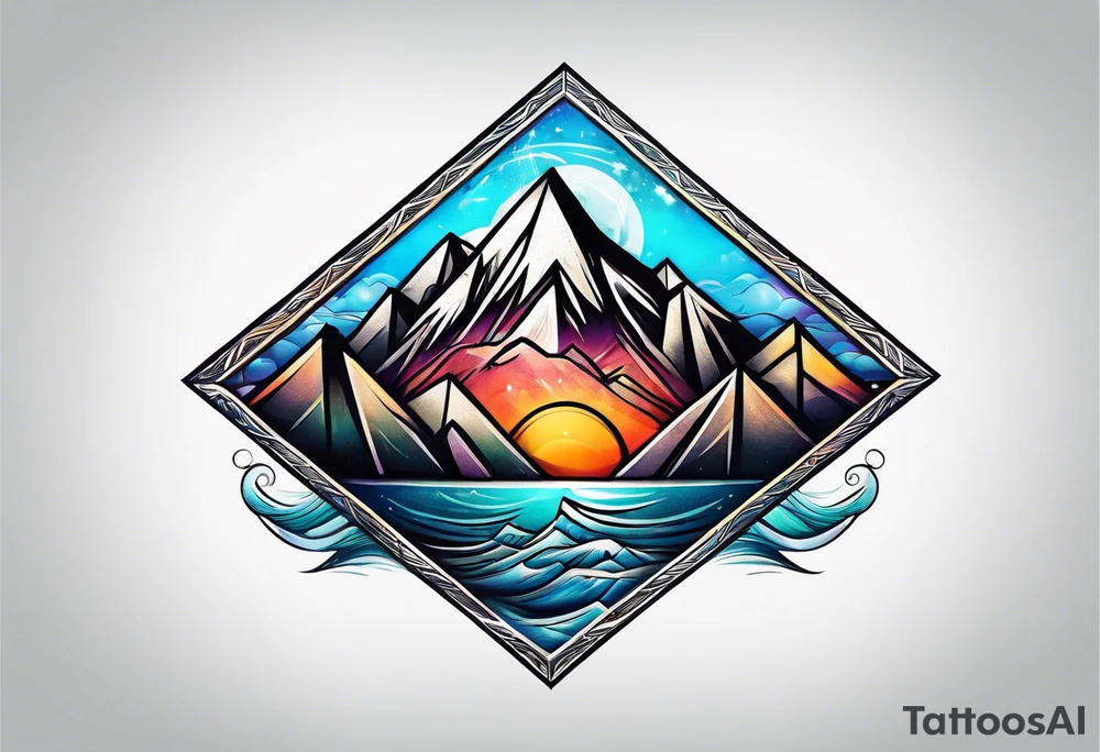 Mountains and ocean waves diamond shape tattoo idea