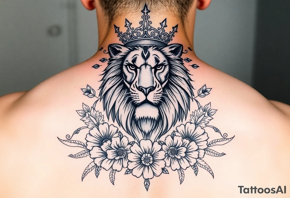 powerful majestic lion with a crown, surrounded by floral ornaments and birds tattoo idea
