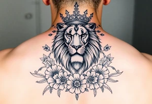powerful majestic lion with a crown, surrounded by floral ornaments and birds tattoo idea