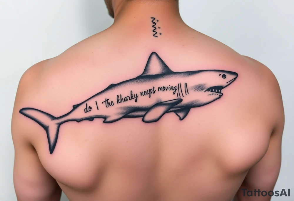 Whale shark on back by spine with the words “do you know why a shark keeps moving”wrapped around the shark tattoo idea
