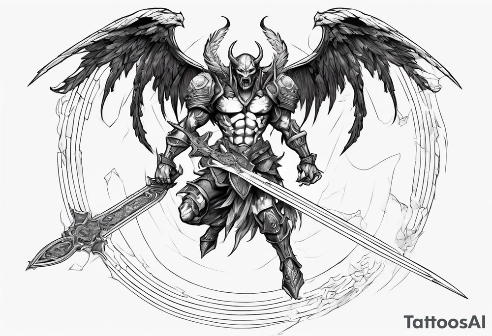 A demon angel wearing organic armor that is in mid-air with his two-handed sword about to attack in isometric view. tattoo idea