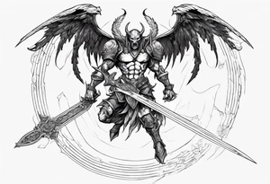 A demon angel wearing organic armor that is in mid-air with his two-handed sword about to attack in isometric view. tattoo idea