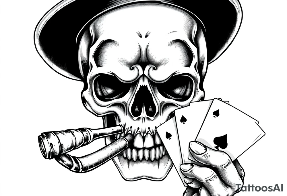 a skull with mustache, a big cigar in his mouth,top-hat on his head and playing cards in a hand. tattoo idea