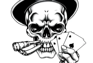 a skull with mustache, a big cigar in his mouth,top-hat on his head and playing cards in a hand. tattoo idea