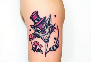 colourful Cheshire Cat from Alice in Wonderland, with a top hat on its head and mushrooms tattoo idea