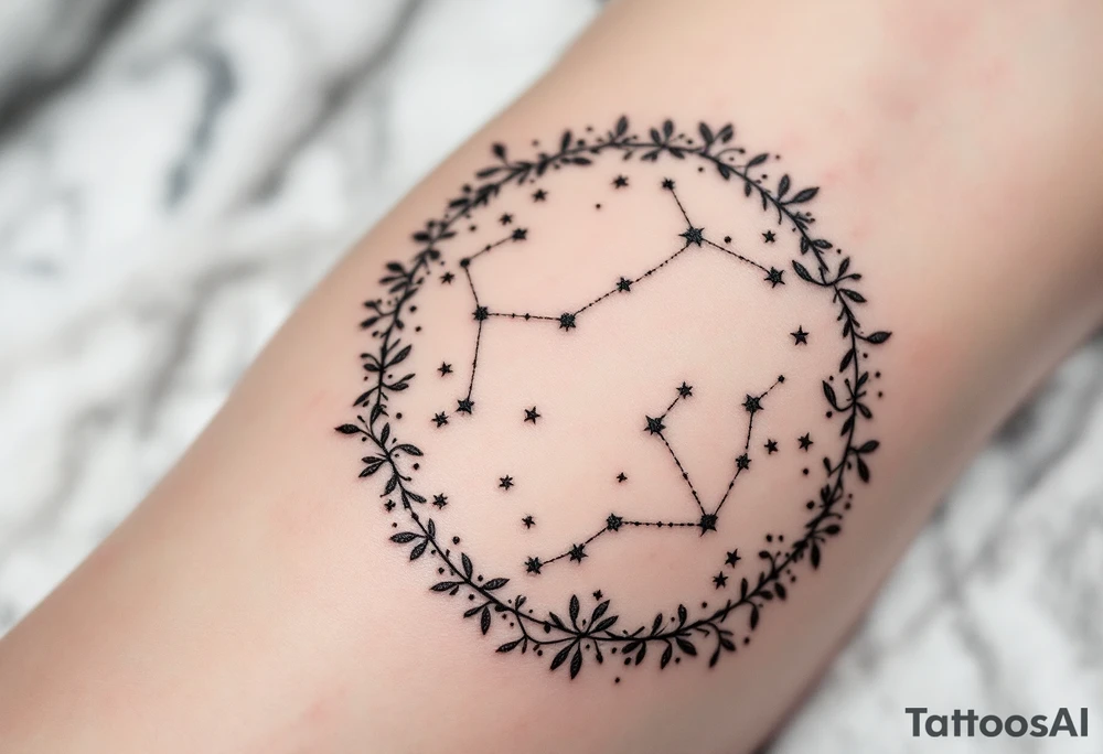 A minimal dotwork design with white ink Sagittarius stars constellation in a circle of smoky gray shading. tattoo idea