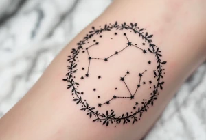 A minimal dotwork design with white ink Sagittarius stars constellation in a circle of smoky gray shading. tattoo idea