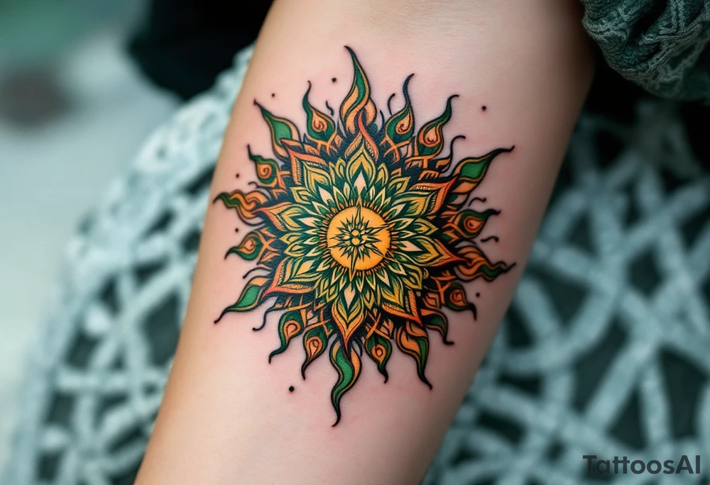 Intricately inked in forest green and burnt sienna, this Celtic sun glows with pagan warmth. tattoo idea