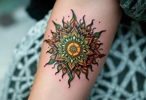 Intricately inked in forest green and burnt sienna, this Celtic sun glows with pagan warmth. tattoo idea