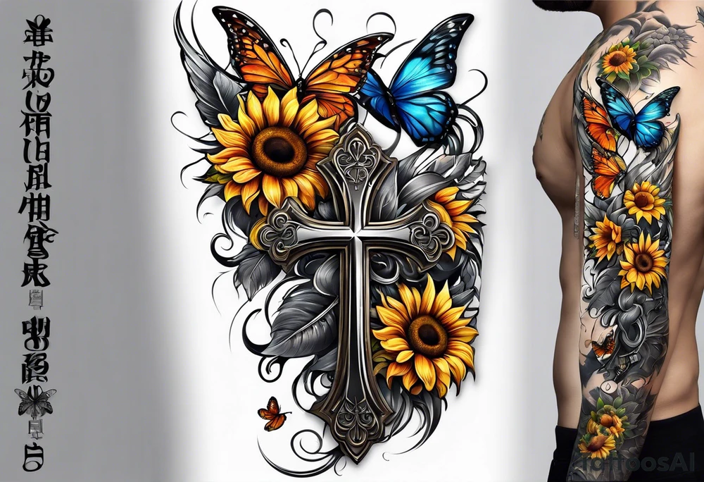 Arm sleeve with Winged cross with sunflower and butterflies tattoo idea