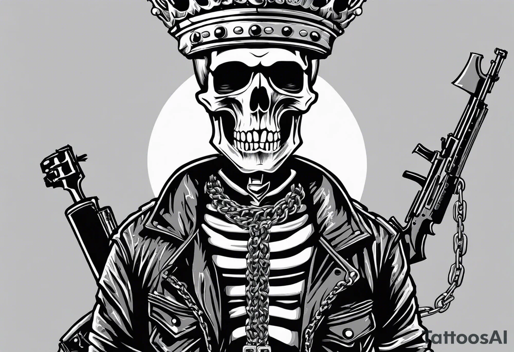 image of a skeleton standing frontally with a crown on his head, holding an AK-47 on his shoulder with his right hand. The chain on the left should be taut, there are three angry barking Dobermans in it, near the waist tattoo idea