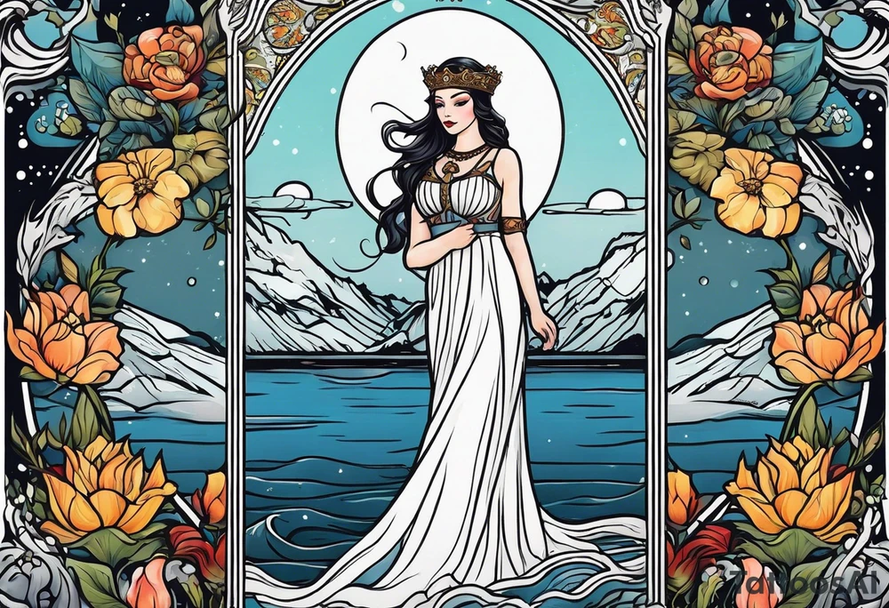 Lady of the lake in a tarot card design tattoo idea