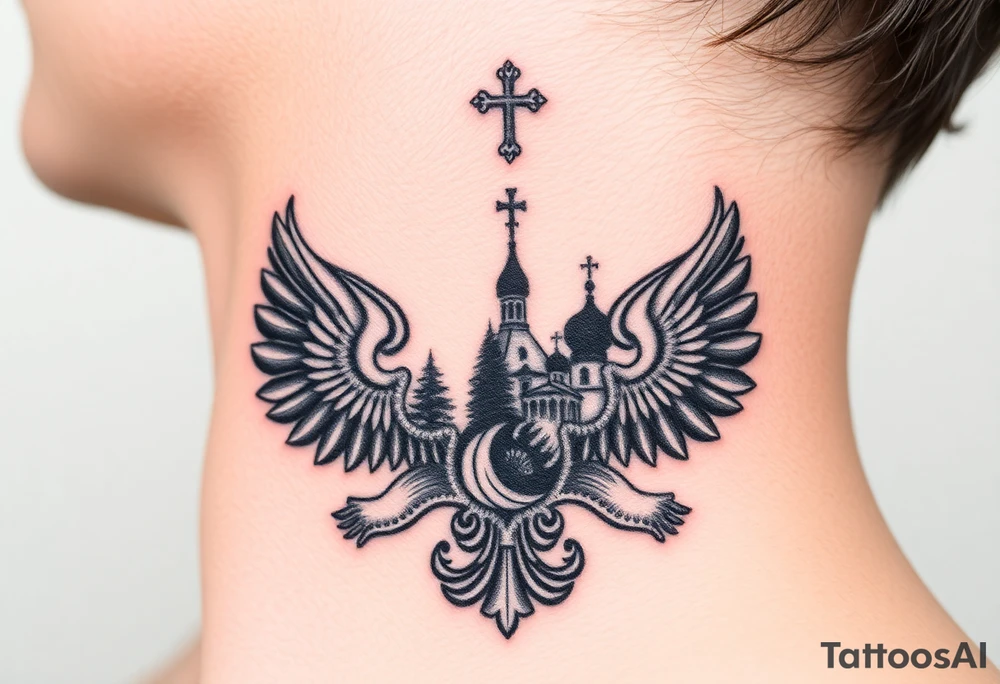 Traditional authentic Russian coat of arms with a Christian orthodox virgin marry in the middle and silhouette in a Russian wilderness Christian orthodoxy dome church village setting tattoo idea