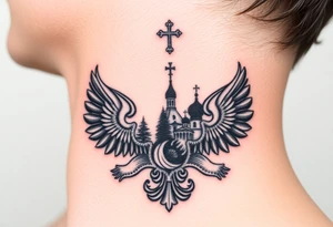 Traditional authentic Russian coat of arms with a Christian orthodox virgin marry in the middle and silhouette in a Russian wilderness Christian orthodoxy dome church village setting tattoo idea