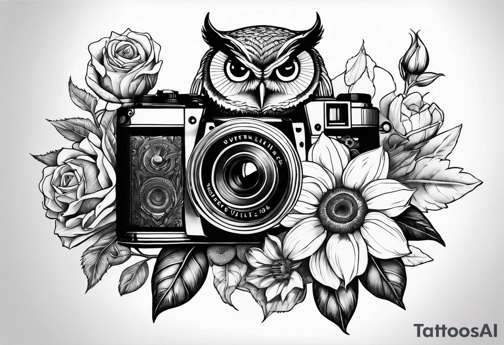 Sunflower, camera, book, owl, flower rose tattoo idea