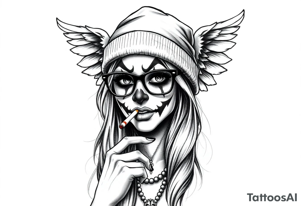 Chicana beautiful long hair clown makeup angel wings thug beanie eyeglasses smoking a cigarette tattoo idea