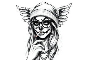Chicana beautiful long hair clown makeup angel wings thug beanie eyeglasses smoking a cigarette tattoo idea