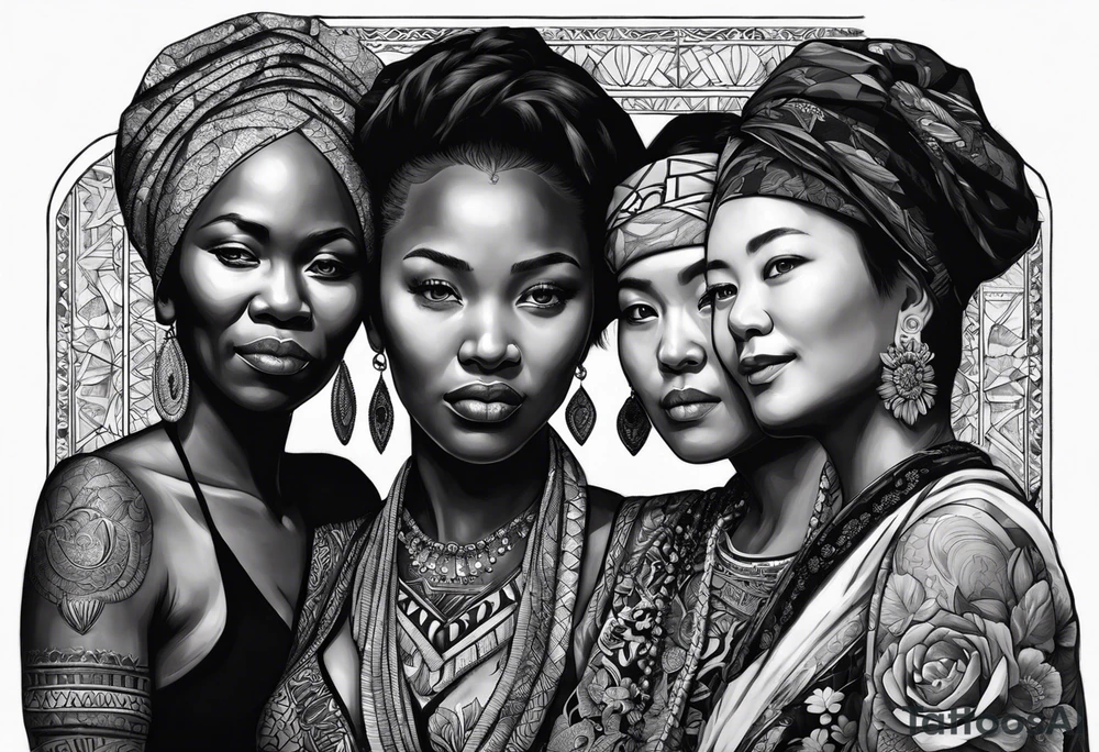 three  people side by side. a really really young african Daughter on the left, a russian mother in the middle, really really old japanes grandmother on the right. greater age difference, in an artfully decorated frame tattoo idea