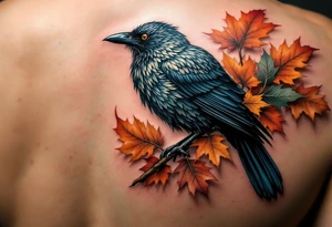 Crow with Oak Leaves – A perched crow surrounded by autumn-colored oak leaves in warm oranges, reds, and muted browns. Naturalistic with earthy tones. tattoo idea