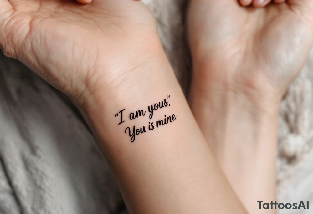“I am yours” in soft gray on her wrist and “You are mine” in black on his neck symbolize mutual belonging. tattoo idea