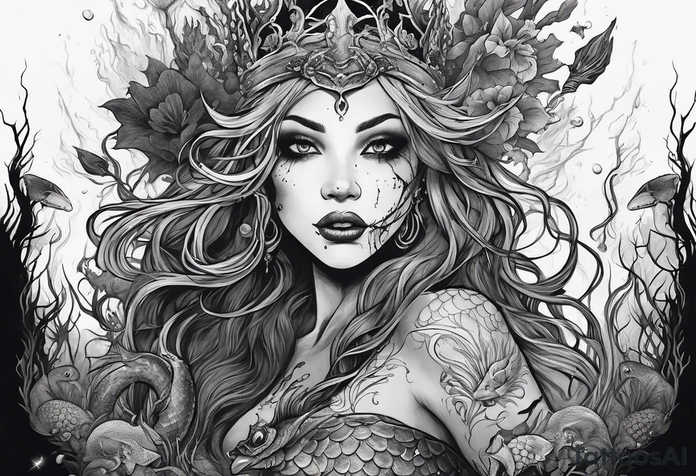 Swamp mermaid, ugly, creepy, undead, moss, fishlike, minimalist, hairless teeth tattoo idea