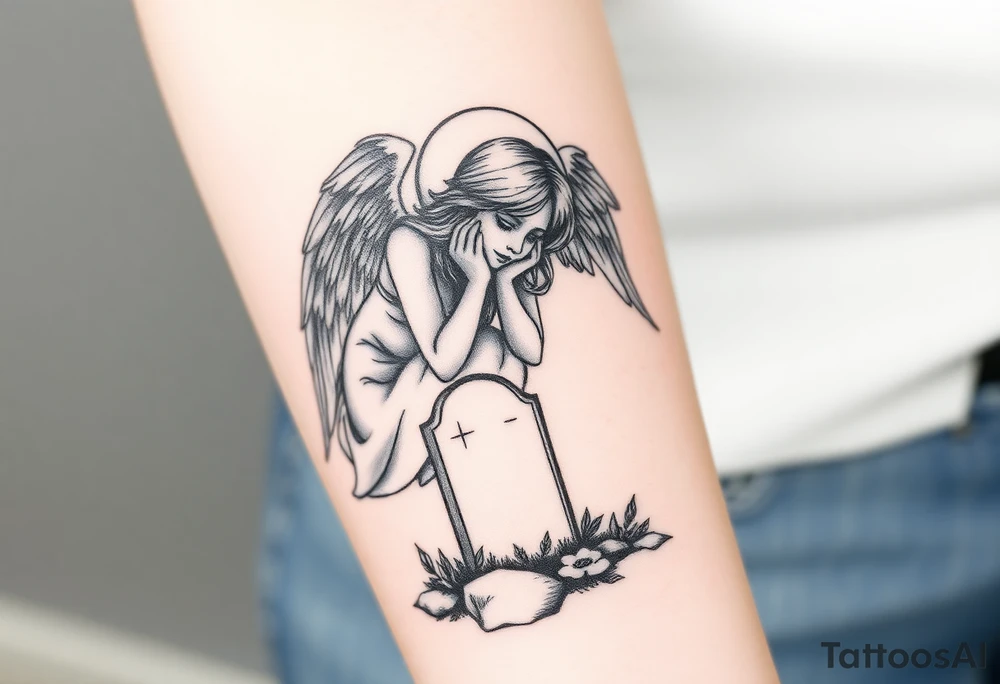 Beautiful woman angel crying over a tombstone tattoo idea