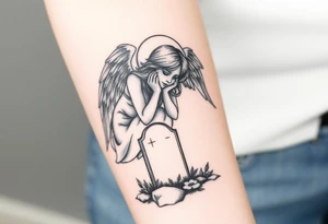 Beautiful woman angel crying over a tombstone tattoo idea