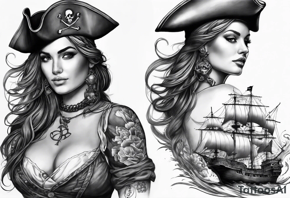 I have already a sleeve tattoo that the theme is about sea in my shoulder I have one pirate woman and I want you to create a tattoo on the chest that us connected with the woman key words is pirates ,sea ,captain tattoo idea