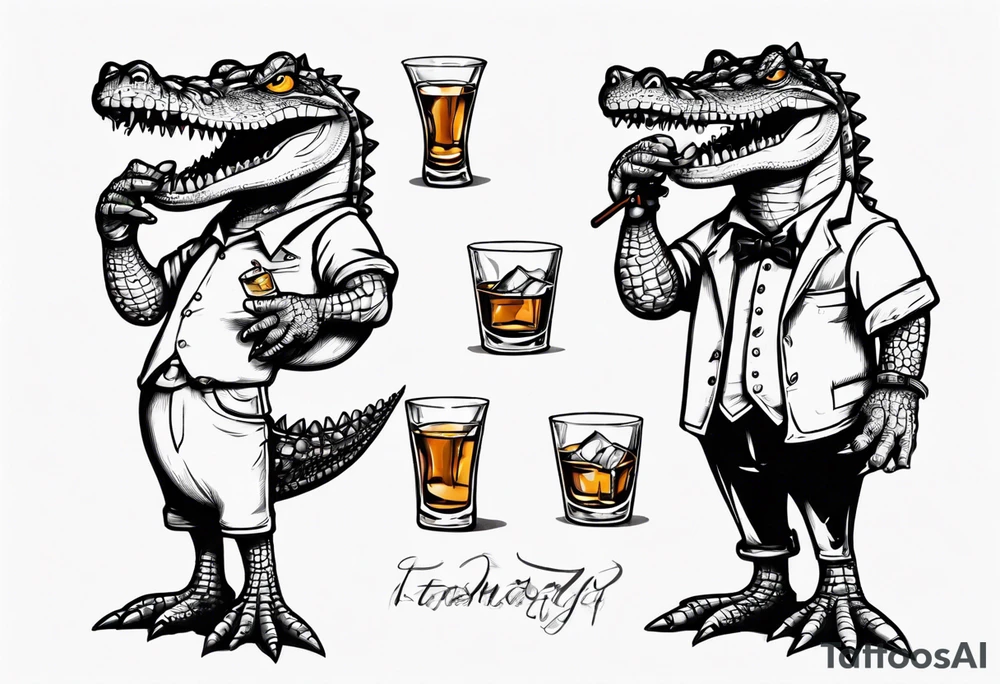 Crocodile standing up, crying and holding a glass of whisky tattoo idea